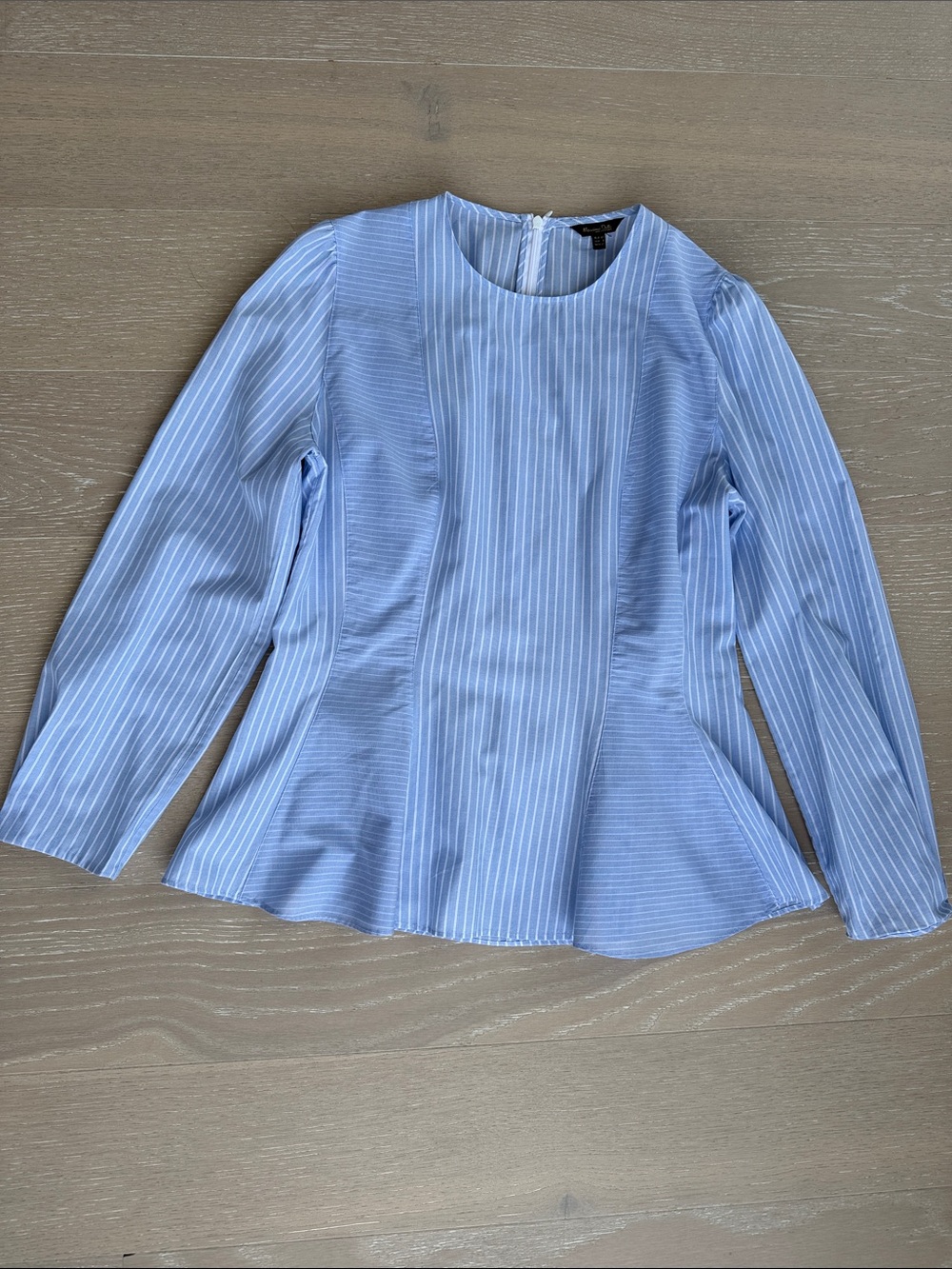 Massimo Dutti Light Blue Pinstripe Long-Sleeve Peplum Blouse